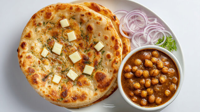 Aloo paratha with chole and onion salad