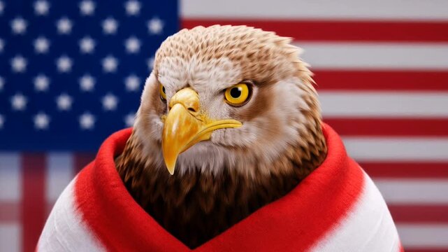 Majestic Bald Eagle in Patriotic Garment, Looking at Camera with Us Flag