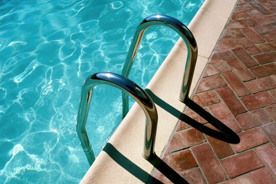 Gleaming chrome ladder descends into a sparkling turquoise pool beside a brick patio