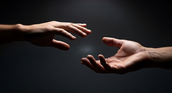 "Two hands reaching towards each other in dramatic spotlight, dark moody background, elegant and emotional composition, cinematic lighting"