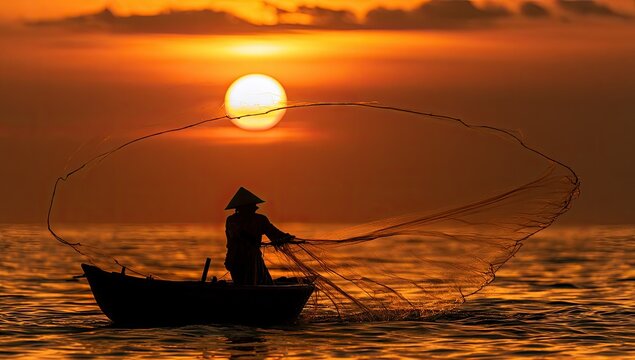 Fisherman casts net from boat silhouetted against vibrant sunset over ocean