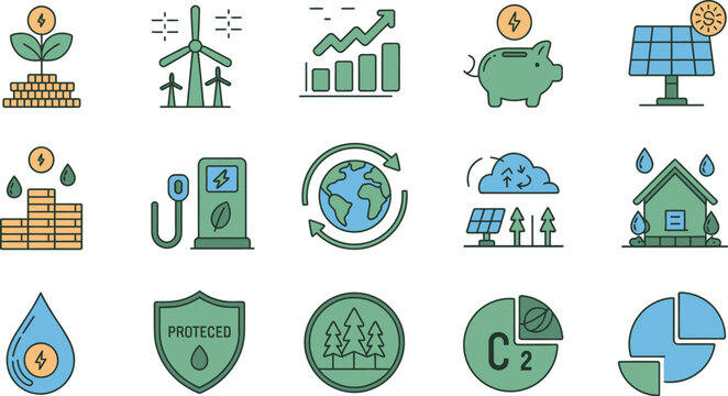 Green economy and environmental conservation icon set, featuring renewable energy, sustainable investment, carbon reduction, recycling, and global ecology business concepts.