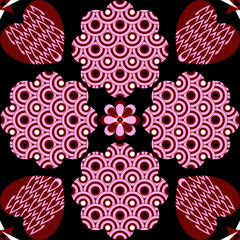Abstract Valentine Geometric Heart and Flower Pattern on Black Background From KawiKan. © KawiKan Gallery