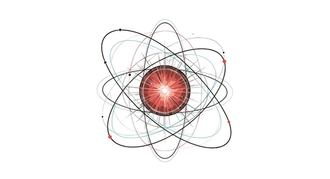 Detailed scientific illustration of an atomic structure with a glowing central core and complex intersecting orbital paths on a white background.