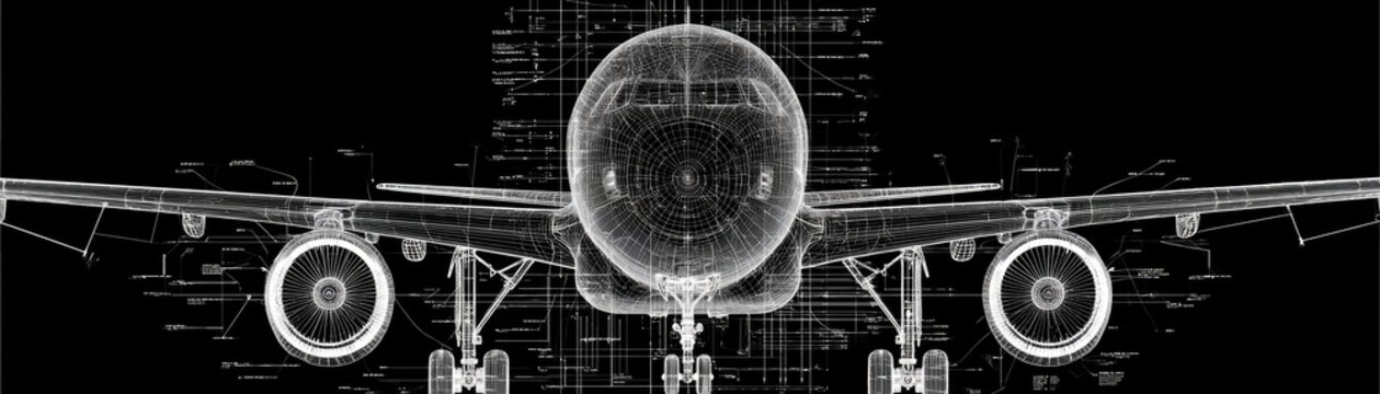 Detailed wireframe blueprint of an aircraft against a black background