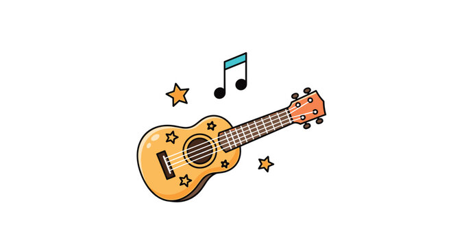 Playful cartoon illustration of a small wooden ukulele decorated with stars and floating music notes against a clean white background.