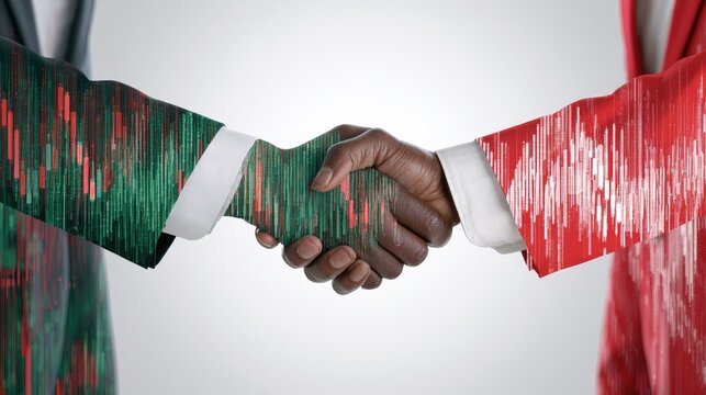 Hands shake, sleeves patterned with abstract, colorful financial charts
