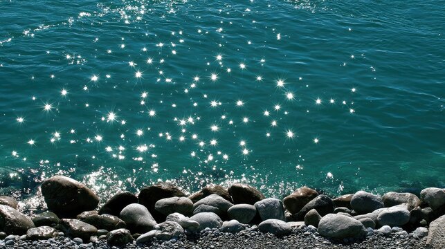 Sparkling turquoise water laps gently on a rocky shore