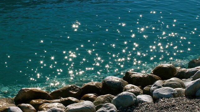Shimmering turquoise water laps against a rocky shore under bright sunlight