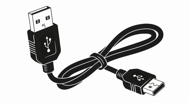 Black USB cable with looped cord tied in the middle and white icons