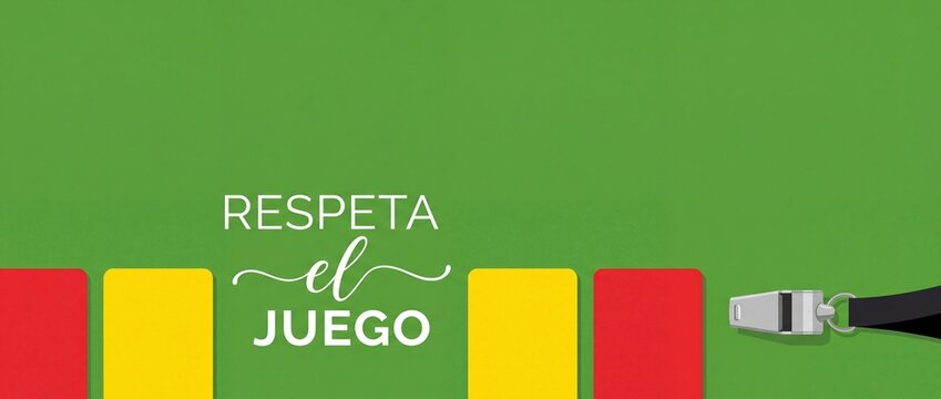 Soccer referee penalty cards concept with "Respeta el juego" Spanish text, red and yellow cards, and metallic whistle on a flat green background symbolizing fair play, sportsmanship, and pitch rules.