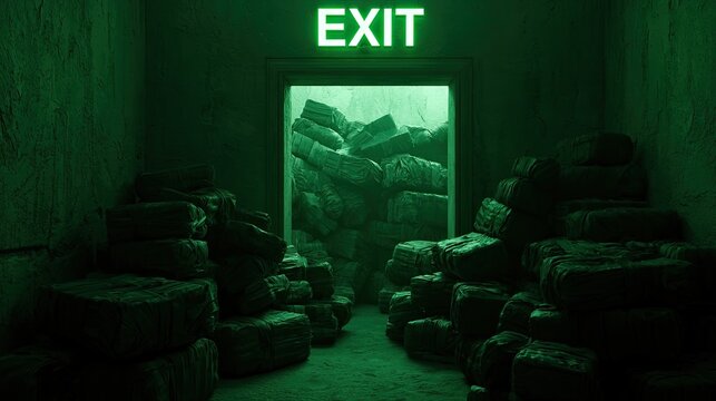 Illuminated exit sign above doorway blocked by immense pile of rubble