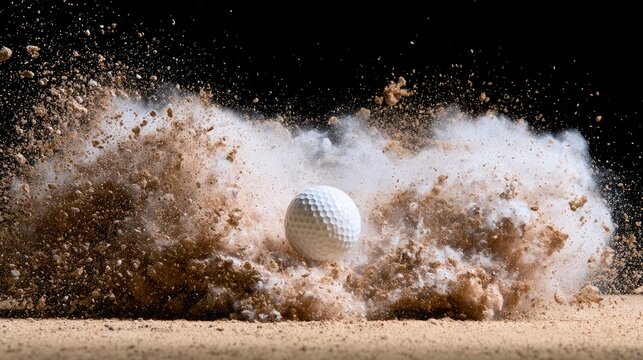Golf ball frozen mid-air exploding against a dark backdrop