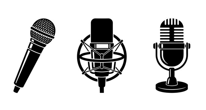Microphone icons silhouette set. Vector studio and retro mic for podcast or singing.
