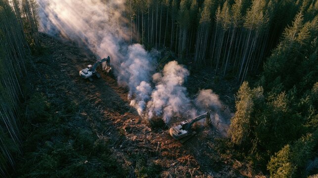 Aerial view of excavators in a forest clearing, plumes of smoke rising