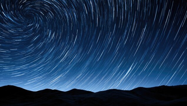 Swirling star trails form a vortex above a dark, silhouetted landscape