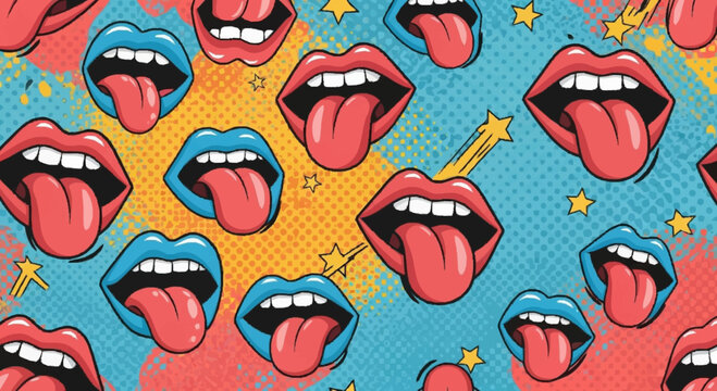 Seamless vector pop art pattern featuring repetitive open mouths with red and blue lips sticking out pink tongues, set against a blue and orange comic background with stars and halftone dots.