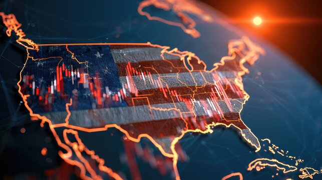 Glowing USA map overlaid on a digital globe with red stock market charts
