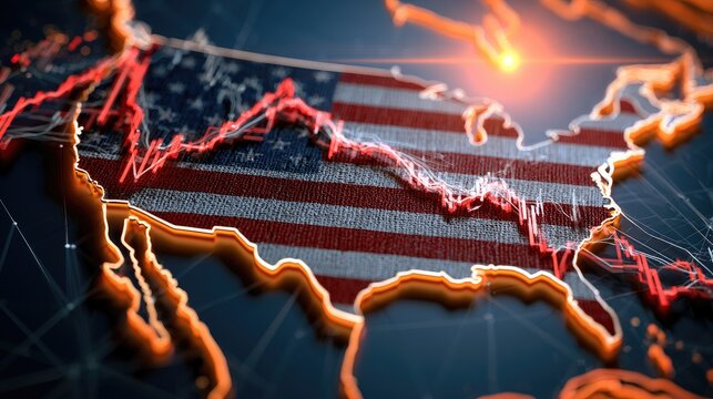 Declining economic graph overlaid on USA map with fiery outline