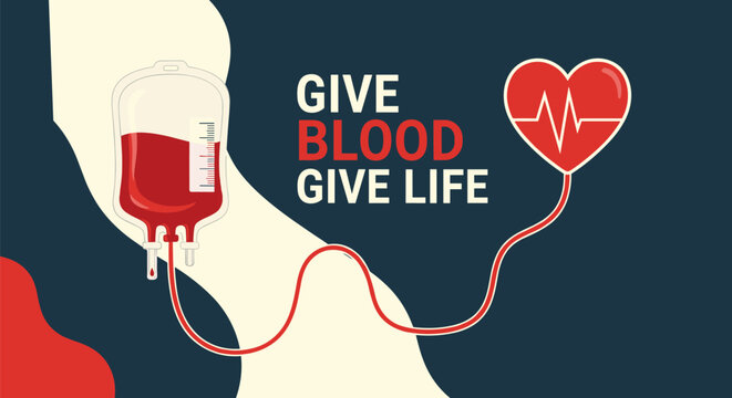 Inspirational blood donation banner with a blood bag connected to a heart symbol and the slogan give blood give life.