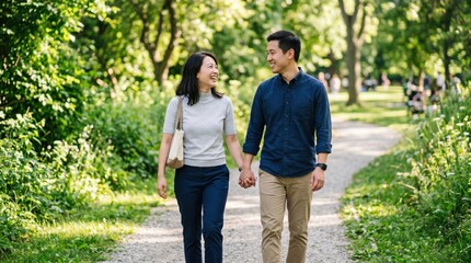Obraz premium Happy young Asian couple holding hands and walking along a path in a lush green park, laughing and enjoying their time together on a sunny day