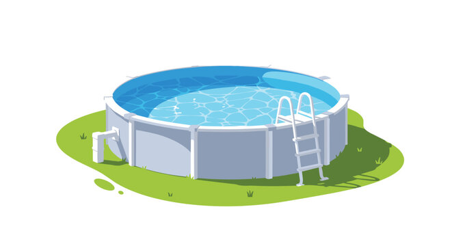 Round above-ground swimming pool with clear blue water and a ladder on a green grassy patch under a bright sunny sky.