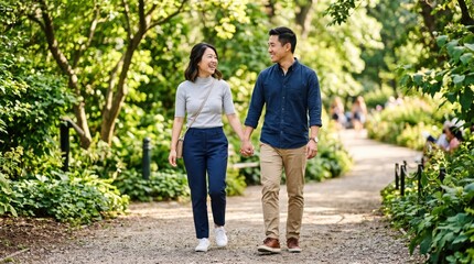 Fototapeta premium Happy Asian couple holding hands and walking together on a path in a lush green park, smiling and enjoying a romantic date outdoors.