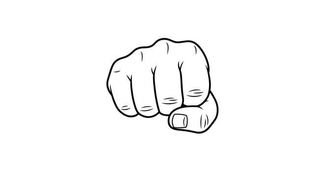Simple black and white line drawing shows a clenched human fist pointing directly forward as a symbol of power, determination, or a punch gesture.