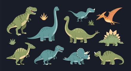 Fototapeta premium Diverse collection of colorful cartoon dinosaurs including T-Rex, Brachiosaurus, and Triceratops are shown in a friendly style for children.