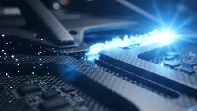 Abstract carbon fiber texture with blue light and circuit board