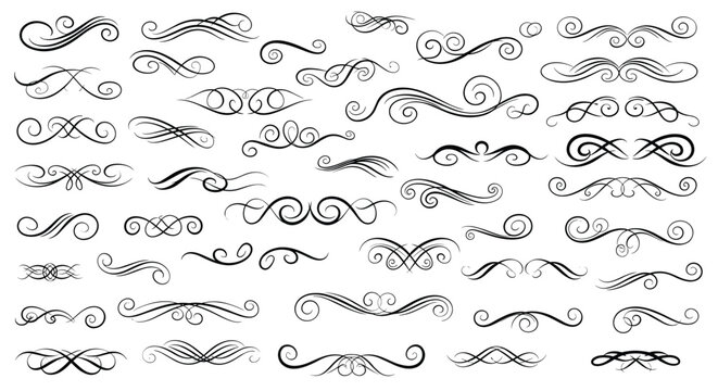 Comprehensive set of elegant decorative flourishes and calligraphic swirls for sophisticated graphic design work.