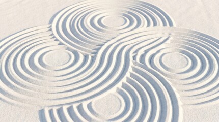 Naklejka premium White sand raked into intricate circular and wavy patterns, creating a serene texture. Feeling of peace and harmony in a zen garden.