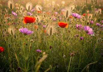 Fototapeta premium Beautiful red poppies and purple wildflowers blooming in a summer garden with warm golden sunlight glowing