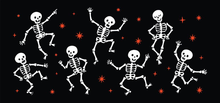 Simple dancing skeletons in different pose. Playful doodle Halloween Skeleton illustration set. Flat modern trendy childish style. Funny scary dead bones. 31 October celebration, stickers, print.