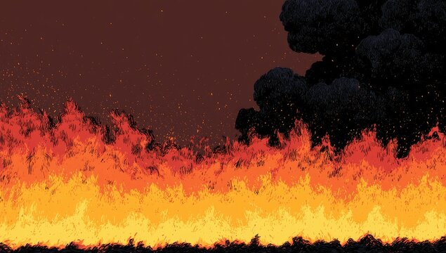 Intense flames lick skyward amidst billowing smoke and glowing embers