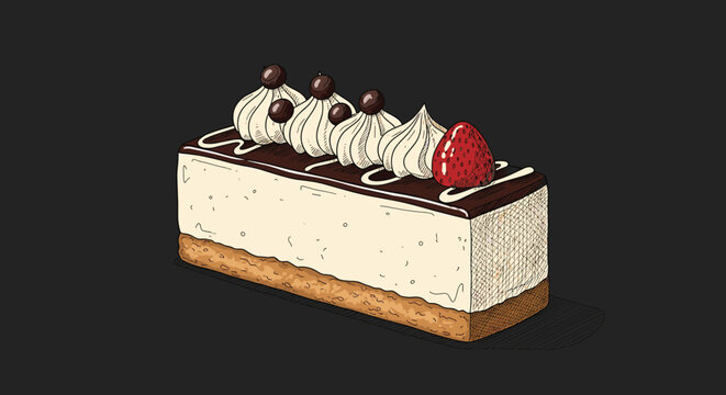Delicious rectangular piece of cheesecake topped with chocolate glaze, cream swirls, coffee beans, and strawberry.