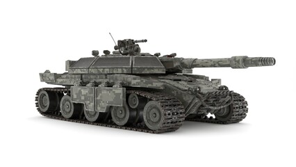 Futuristic military main battle tank with digital camouflage pattern isolated on white background, 3d render © Astro Vigital
