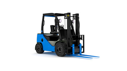 Three quarter view of blue forklift truck isolated on white background, 3d render © Astro Vigital