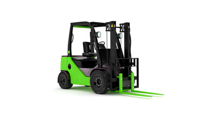 Three quarter view of green forklift truck isolated on white background, 3d render © Astro Vigital