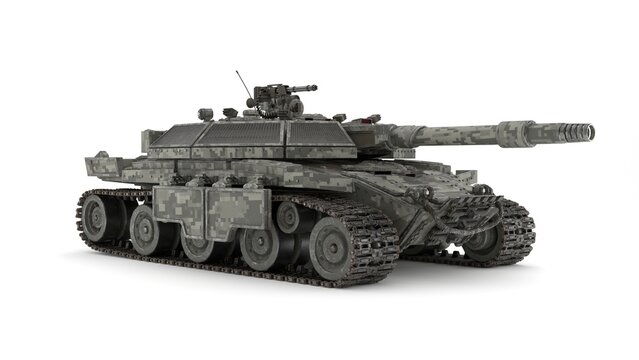 Futuristic military main battle tank with digital camouflage pattern isolated on white background, 3d render