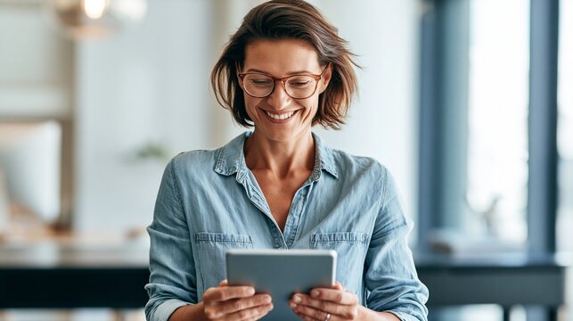 Female athlete smiling confidently as she views digital NIL approval on a tablet modern office setting with soft highkey lighting and blurred sleek desk in background