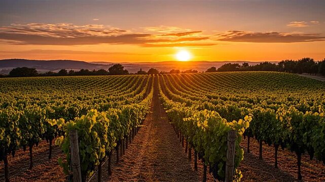Sunset over a serene vineyard landscape.