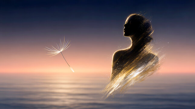 A minimalist abstract illustration of satori as unity. A woman's silhouette dissolves into soft gold and white particles of light, merging with the endless sky and sea. Concept of enlightenment
