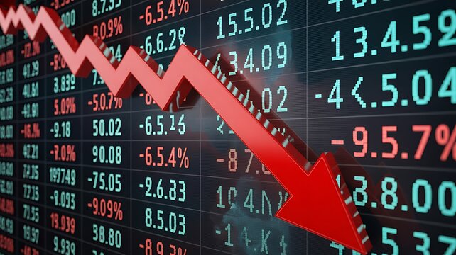 Stock market crash display with falling financial numbers and red downward arrow