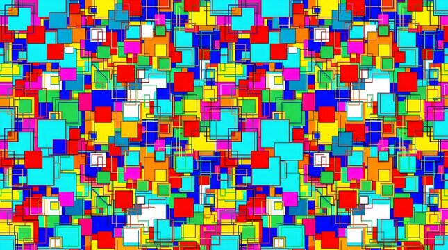 A vibrant, seamless abstract pattern composed of overlapping, multicolored geometric squares and rectangles that create a playful, chaotic mosaic effect.