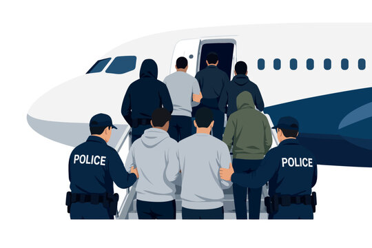 Vsai police officers escorting people onto airplane for extradition