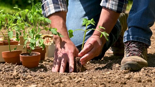 Close up of farmer's hands planting tomato seedling in soil in organic field. Garden work in spring. Traditional agriculture. Footage.