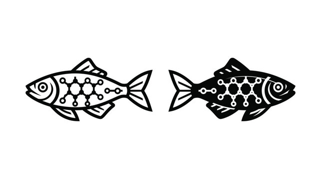 Fish icon illustration with molecular structure design in black and white
