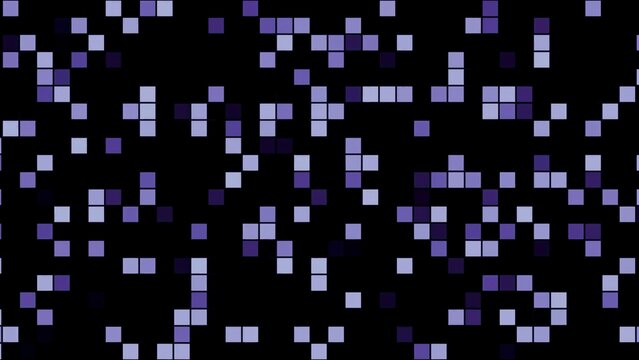 Animated Purple Squares On Dark Screen, Vivid Pixel Patterns With Subtle Motion Effects And Glitches