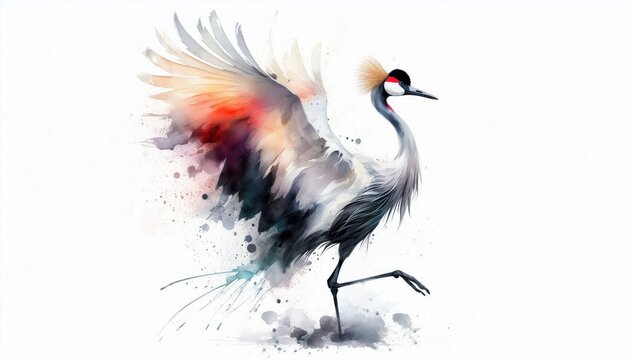 Elegant crested crane watercolor painting showcasing vibrant plumage and graceful posture